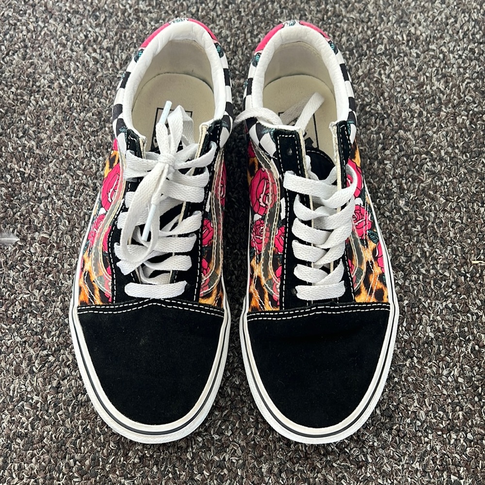 Men’s lace up rose, leopard, checker print Vans shoes
